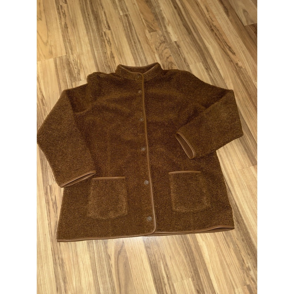 Susan Graver Bonded Fleece Button-Front Jacket Faux Leather Trim Large Brown‎